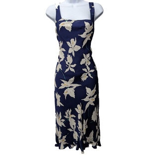 Ralph Lauren Silk Midi Dress Women 4 Blue Old Money 90s Floral Iris Quiet Luxury